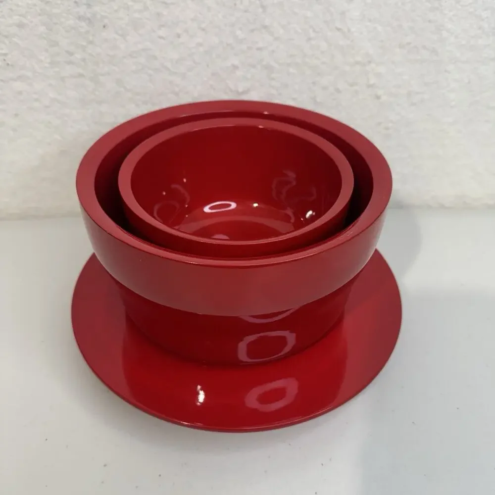 VTG Picnic Serving Set Glossy Cherry Red Nesting Bowls & Platter MCM Plasticware
